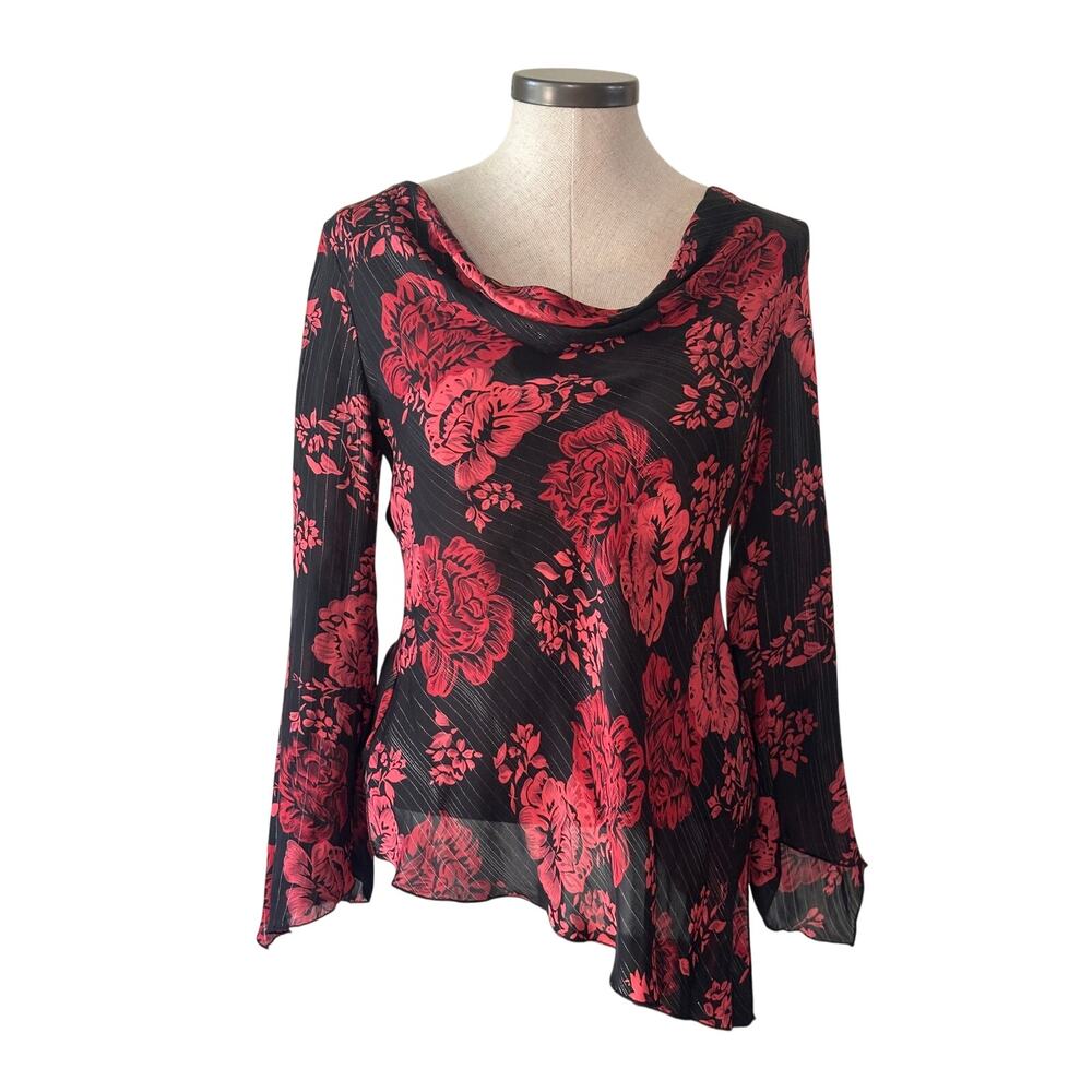 Style & Co Black Red Floral Silk Asymmetrical Top Y2K Boho
